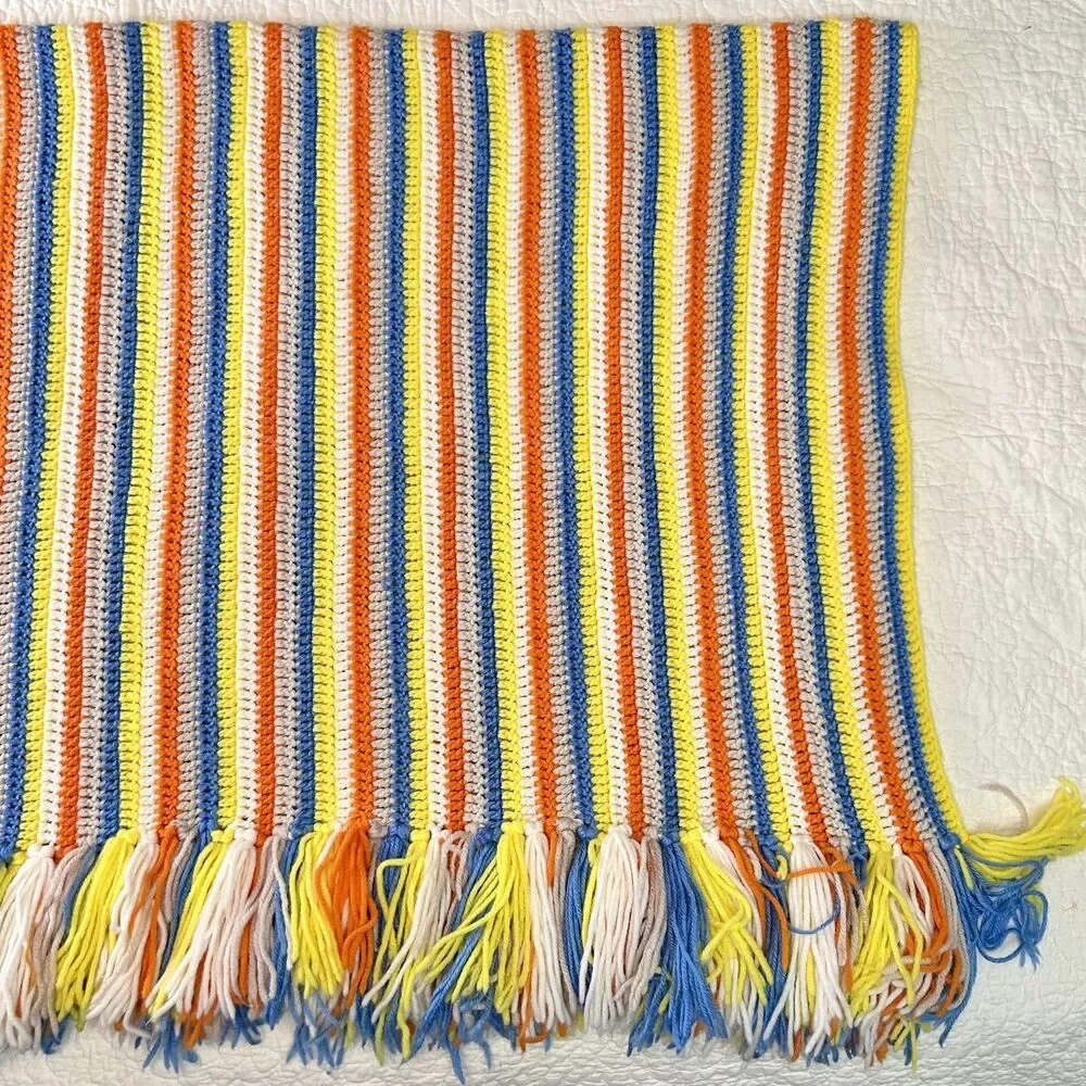 Handmade Vintage Cottagecore Orange Yellow Blue & White Afghan Blanket 56 x 41”